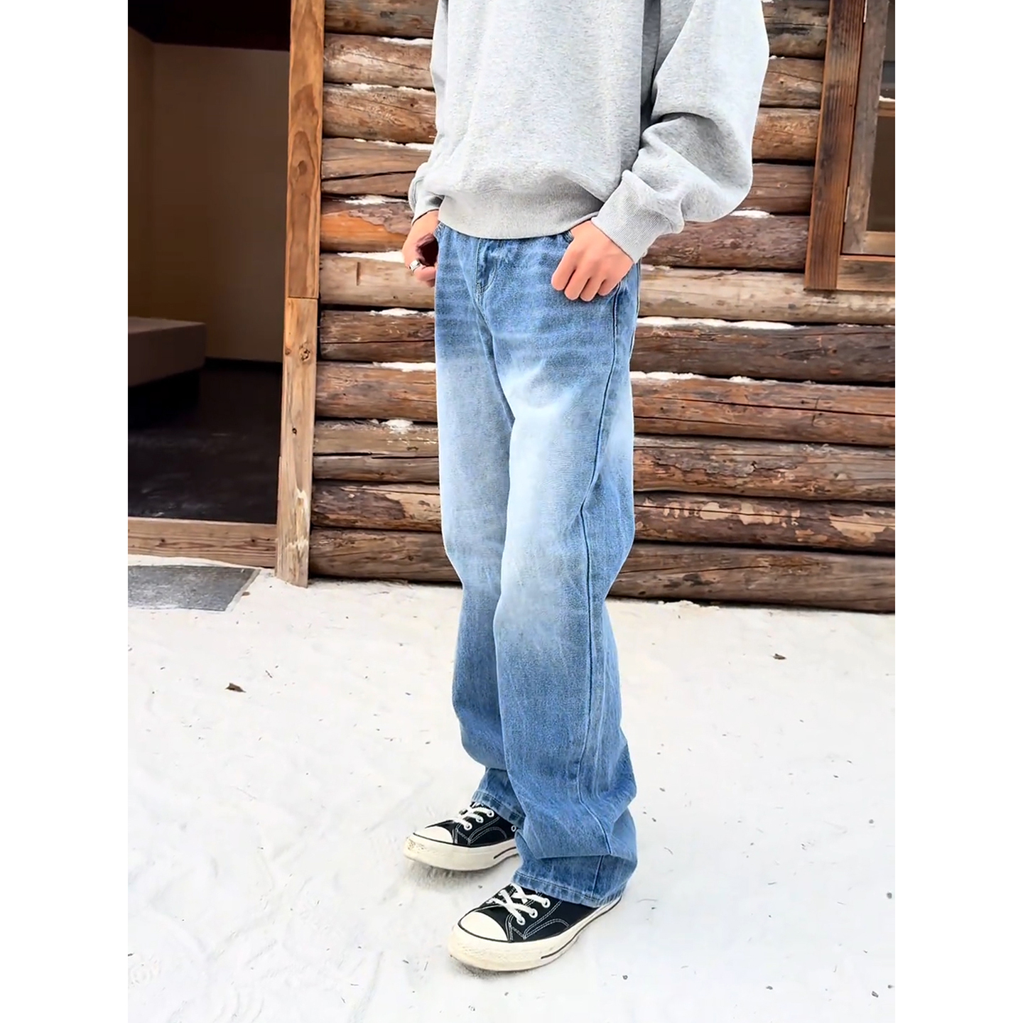 浅蓝色弹力牛仔裤男款美式高街cleanfit裤子直筒显腿长微喇弯刀裤 - 图0