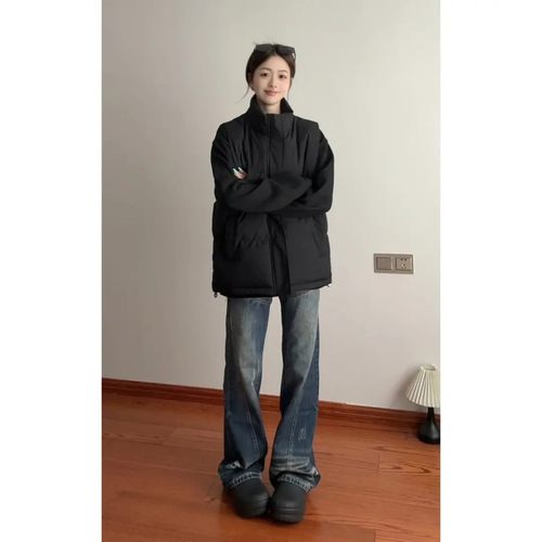 黑色羽绒马甲男女秋冬季外穿无袖立领坎肩棉服美式叠穿棉背心外套 - 图1