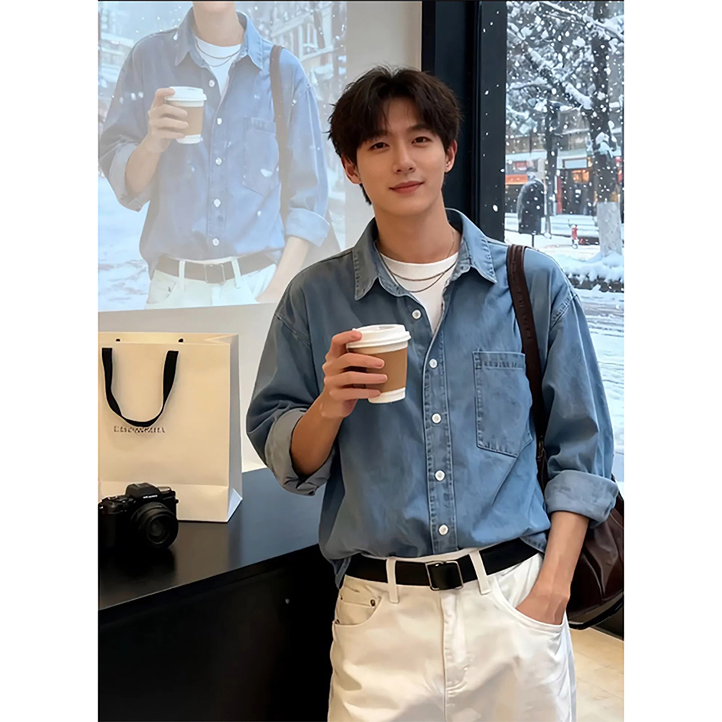 丹宁蓝色长袖牛仔衬衫男款秋冬季高级感痞帅衬衣美式翻领工装外套,淘宝优惠券,粉丝福利购,淘宝优惠卷