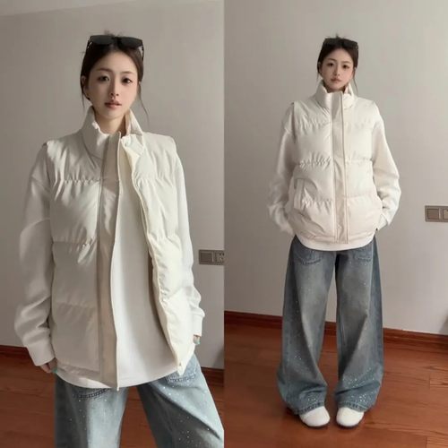 黑色羽绒马甲男女秋冬季外穿无袖立领坎肩棉服美式叠穿棉背心外套 - 图2