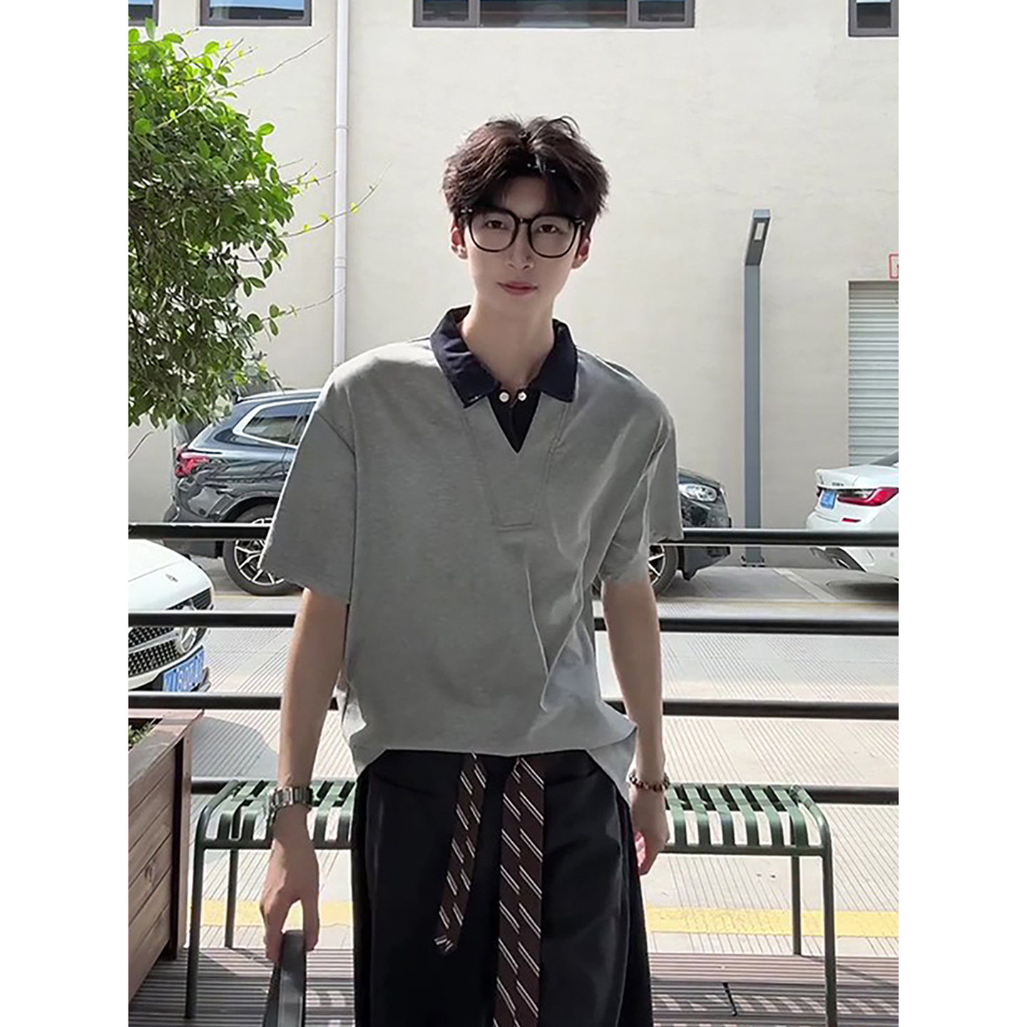 假两件衬衫v领polo短袖格子飘带西裤男生酷帅穿搭夏季痞帅高级感 - 图1