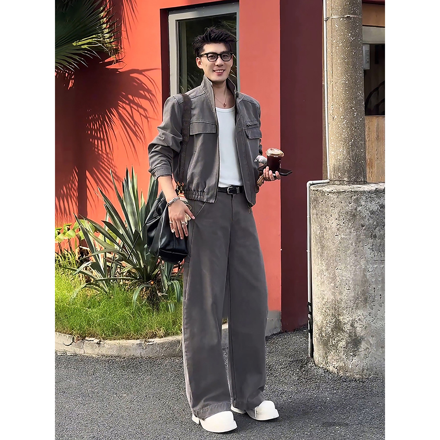 美式短款立领夹克外套男酷帅穿搭一整套高级感阔腿直筒工装裤套装,淘宝优惠券,粉丝福利购,淘宝优惠卷