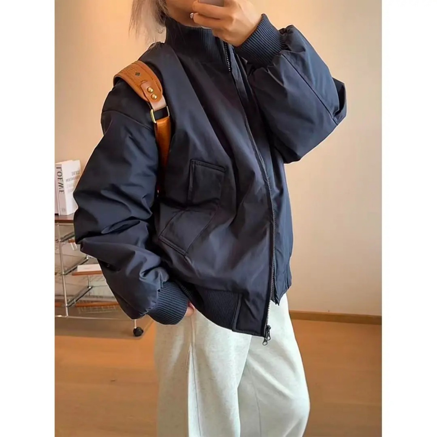 藏青色bomber飞行夹克羽绒服冬季男短款立领棒球棉服美式二棉外套 - 图0