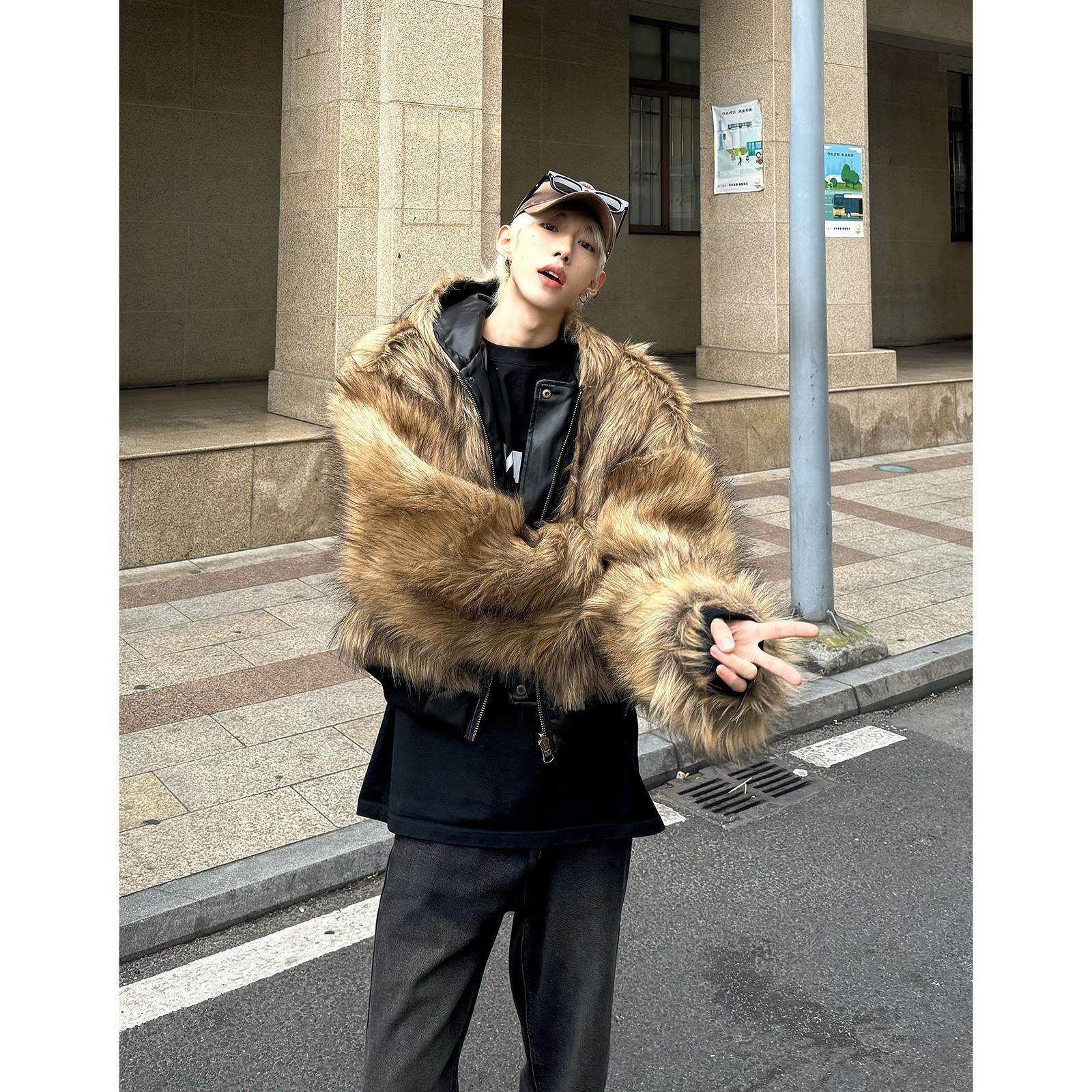 皮毛一体双面穿皮衣男冬季连帽座山雕皮草棉衣美式短款廓形派克服,淘宝优惠券,粉丝福利购,淘宝优惠卷