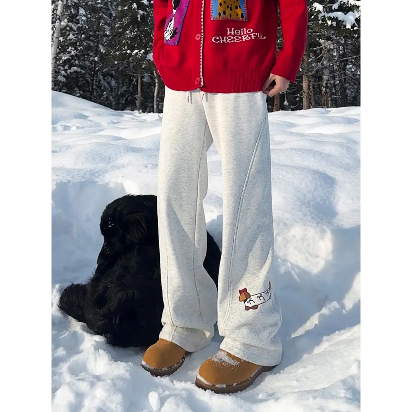 美式小狗刺绣弯刀卫裤男款秋冬情侣百搭加绒厚裤子斜切微喇休闲裤,淘宝优惠券,粉丝福利购,淘宝优惠卷