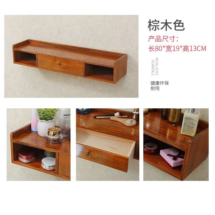 复古墙上置物架简约收纳壁柜实木壁架浴室搁板壁挂式小梳妆台防水 - 图0
