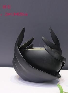 现代简约砂岩抽象黑白蓝羽翼花盆花瓶摆件样板间客厅玄关花器装饰