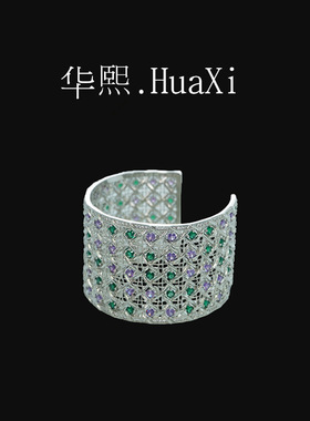 布拉提工艺宽板复古宫廷风手镯镀网格状镶锆石女款开口手环珠宝