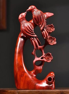 黑檀木雕喜上眉梢喜鹊o摆件家居客厅电视柜根雕红木工艺品乔迁送