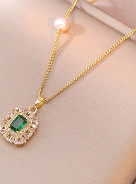 项链女淡水珍珠新款潮复古绿色宝石设计感小众耳环戒指项链饰品