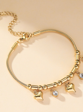 手链女欧美时尚小众气质简约镶钻爱心锆石串珠钛钢饰品手链