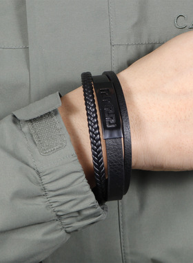 亚马逊新款锌合金PU皮革手链简约时尚钛钢饰品男士编织手环