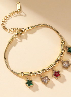 手链女欧美时尚小众气质简约镶钻五觉星串珠钛钢链条饰品手饰