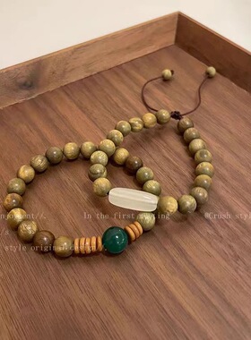 复古绿色香檀木串珠手链女2023年秋冬新款新中式情侣可调节手饰品