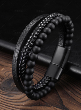 亚马逊不锈钢天然虎眼石手链串珠男士手工编织玛瑙手串外贸饰品