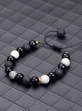 新款火山石熔岩方块编织手链男士哑光黑玻璃珠子可调节手串