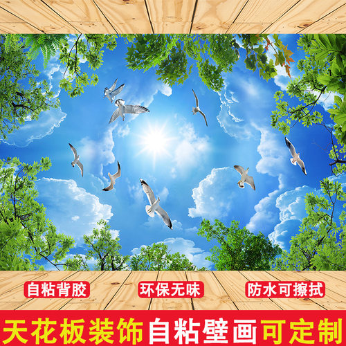 蓝天白云天花板贴纸墙纸自粘壁纸客厅卧室背景屋吊顶墙贴装饰壁画 - 图2