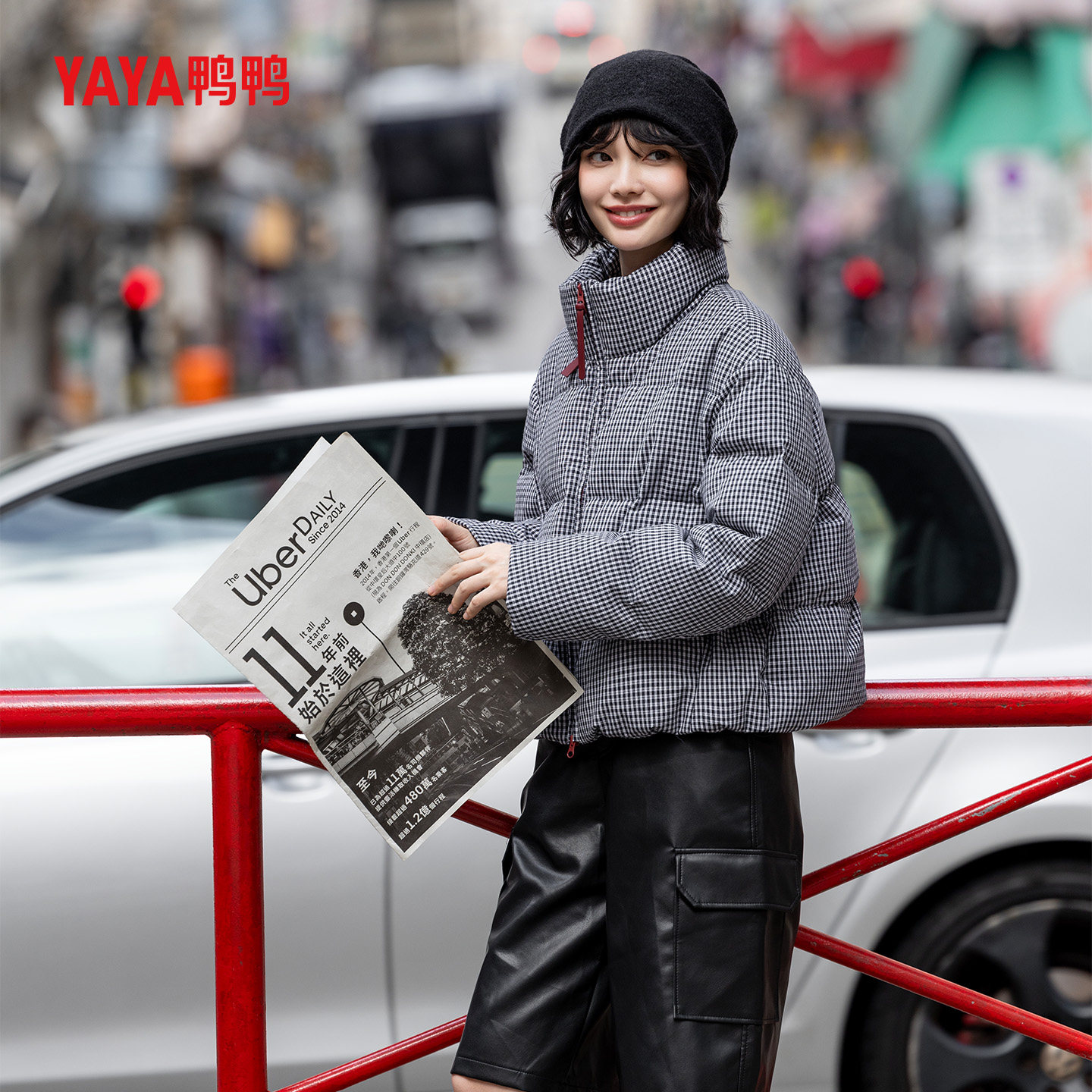 YAYA鸭鸭官方羽绒服短款千鸟格韩版宽松简约时尚加厚防寒保暖外套