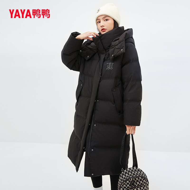 鸭鸭明星同款羽绒服女中长款加厚连帽高端前胸立体绣花字母中长款