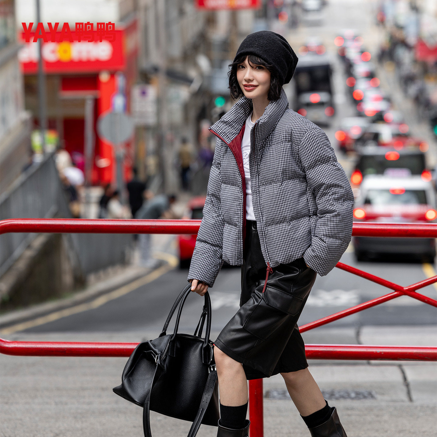 YAYA鸭鸭官方羽绒服短款千鸟格韩版宽松简约时尚加厚防寒保暖外套