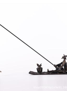 新中式简约人物金属钓鱼划船人物摆件办公室书房玄关禅意装饰品