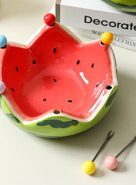 陶瓷西瓜水果碗带叉子家用客厅茶几水果盘碗创意可爱不锈钢叉套装