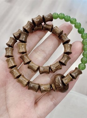 现货速发檀木竹节搭配碧绿色玉髓款两圈款手链 檀木跑环 小众手串
