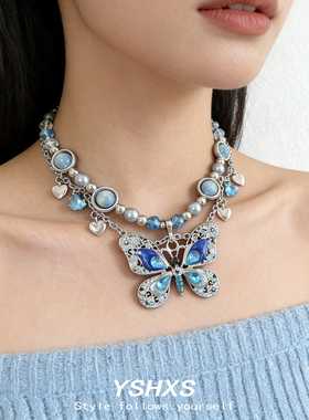 蓝色复古Y2K水晶蝴蝶多层锁骨链