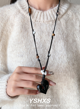 爱心吊坠抽拉式项链女黑色编织绳