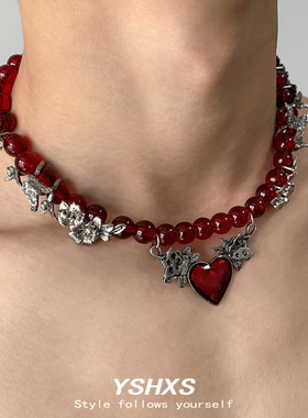 红色爱心水晶串珠项链