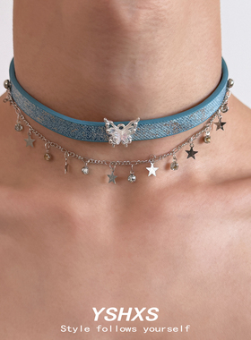 Y2K辣妹蓝蝴蝶星水钻choker