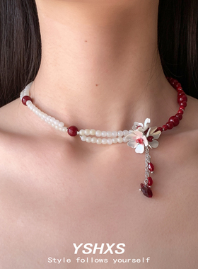 珍珠花朵流苏项链女小众颈链