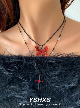 双层红色蝴蝶吊坠黑色珠链锁骨链