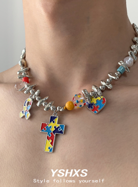 十字拼色小众设计锁骨链