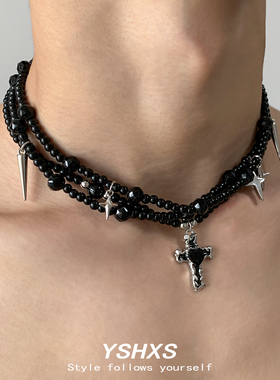 黑色十字架水晶多层项链