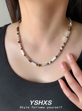 设计师款虎眼石天然石串珠锁骨链