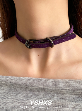 紫色甜酷辣妹双扣皮革锁骨链