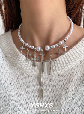 珍珠十字架流苏多层锁骨链女款