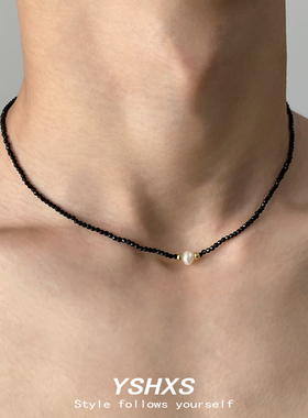 黑色水晶串珠项链单颗珍珠吊坠