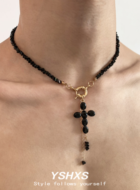 黑色水晶十字架流苏锁骨链