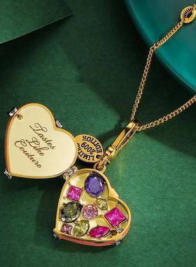 高级感立体时尚珐琅彩釉多色宝石粉色爱心蝴蝶结礼物盒吊坠项链女