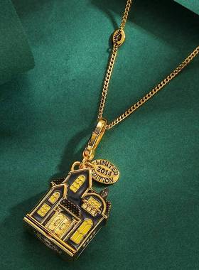 欧美饰品珐琅彩釉黑色别墅房子可打开南瓜吊坠项链万圣节礼物