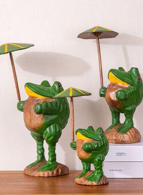 东南亚风全实木青蛙打伞桌面摆件玄关电视柜办公室装饰品客厅创意