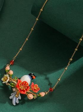 跨境原创设计大气时尚珐琅釉报喜小鸟红色花朵吊坠锁骨链项链饰品