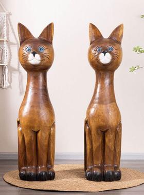 东南亚小猫木雕落地大摆件泰国装饰会所民宿客厅装饰品迎宾