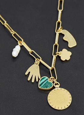 欧美时尚复古哑光金色圆牌花朵手掌绿色爱心珍珠流苏多坠锁骨项链