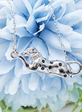 风网红时尚气质百搭黑色镶钻豹子吊坠925银饰项链锁骨链女