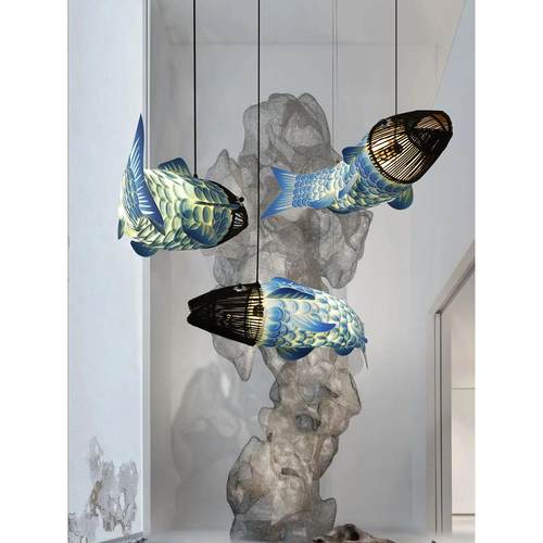 鱼形吊灯中式餐厅酒店火锅店创意设计师餐饮店饭店装饰鱼灯造型灯 - 图2