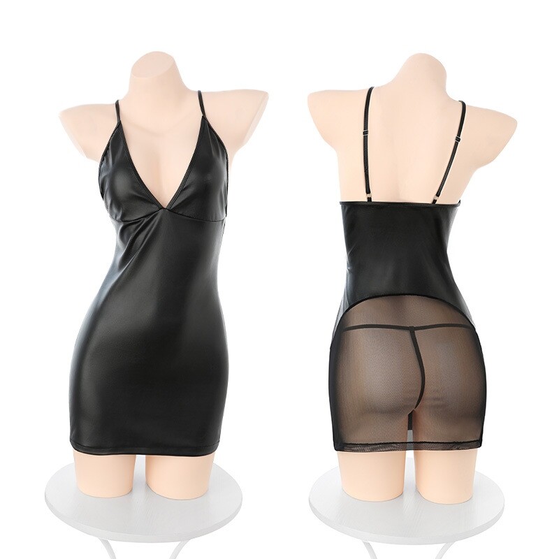 性感前缘仿皮透臀低胸深V吊带户外打野夜店魅惑超短包臀连衣裙女