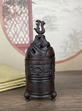 仿古铜合金三足朱雀薰香炉家用客厅文案摆件镂空古典老物件摆件